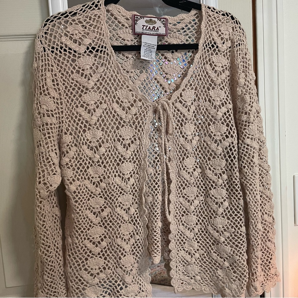 Tiara International Vintage Crochet Long Sleeve Cardigan Sweater